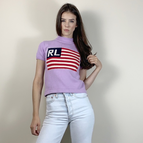 Tops - 90s knit Ralph Lauren purple cropped t shirt top.